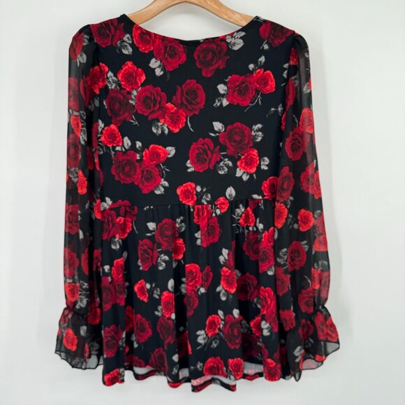 Torrid size 1X plus Black red  Floral Surplice Babydoll Top  Sheer Sleeves new - Picture 10 of 12